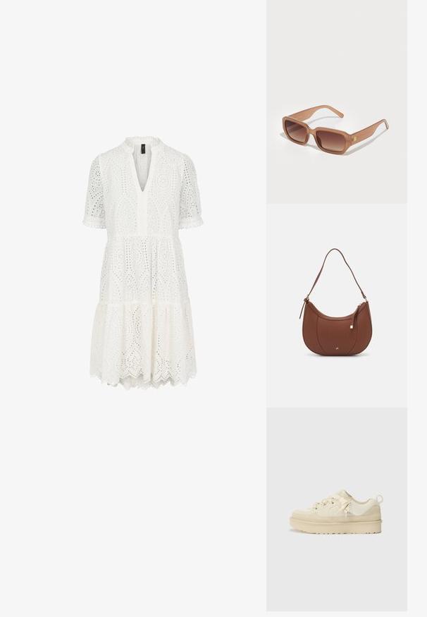 Vestido branco de ilhós com decote em V, mangas curtas bufantes e barra em camadas. Padrões delicados e bordas escolladas adicionam textura.; Sapatilha bege com uma mistura de materiais suaves e texturizados, apresentando uma sola robusta, atacadores decorativos e uma alça na parte de trás.; Óculos de sol retangulares castanhos com lentes degradê, armações grossas e um detalhe do logótipo de lado. Material plástico suave, design minimalista.; Mala de ombro em pele sintética castanha com forma curva, costura minimalista e detalhe em metal dourado. Apresenta fecho de zíper no topo e alça ajustável.