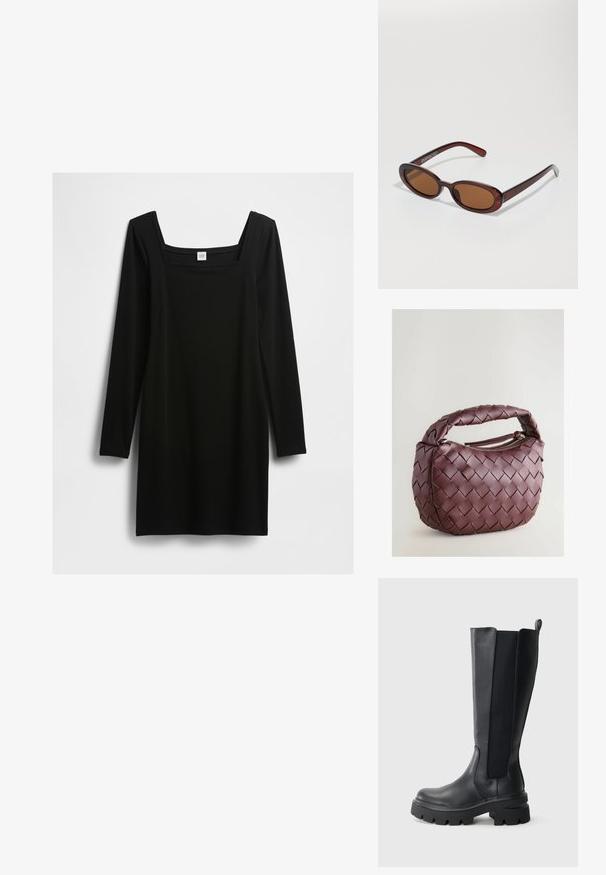 Mustassa pitkähihhaisessa mekossa, jossa on neliömäinen pääntie, on sileä kangas, suorapintainen leikkaus ja minimalistinen muotoilu ilman koristeita.; Musta polvipituinen saappaat, joissa on sileä nahkapinta ja erottuvat elastiset sivupaneelit. Röyheä kumipohja, jossa on voimakkaat urat.; Pyöreät, ruskehtavat aurinkolasit, joissa on kiiltävä burgundinpunainen runko. Kapeat sivut, joissa on hienovarainen brändäys. Litteät linssit.; Kudottu viininpunainen nahkalaukku, jonka muoto on pyöreä, paksu kahva ja vetoketjulla suljettava aukko. Ominaisuuksiin kuuluu sileä pinta ja kudottu kuvio.