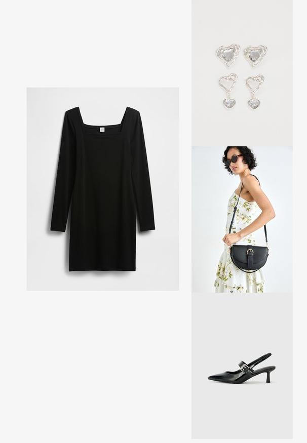 Crna haljina dugih rukava sa kvadratnim izrezom, izrađena od glatkog materijala, s ravnim krojem i minimalističkim dizajnom bez ukrasa.; Crne lakirane slingback potpetice s oštrim prstom i malom blok petom, s naglaskom na srebrnoj kopči na remenu.; Crna kožna torba s lukovitim oblikom, odvojivim remenom i zlatnim detaljima. Torba ima preklop s kopčom.; Srebrne naušnice u obliku srca imaju fasetirane prozirne kamenčiće, s teksturiranim okvirom. Set uključuje naušnice na dugme i viseće stilove.