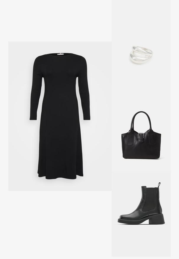 Juoda, ilgo rankovės, raštuota suknelė su apvaliu iškirpimu, laisva silueto forma, pristatyta prieš paprastą baltą foną.; Juodos odinės kulkšninių botai su elastinėmis šoninėmis plokštėmis, apvaliu kojų pirštu ir masyviu blokiniu kulnu. Lygus paviršius su minimalistiniu dizainu.; Juodas odinis nešiojamas krepšys su lygiu paviršiumi, struktūrine forma, dviem rankenėlėmis ir ryškiu sidabriniu sagties akcentu priekyje.; Sidabrinis dvigubas žiedas su lygiu, poliruotu paviršiumi. Pasižymi sklandžiu, kreiptu dizainu su persipinančiomis dalimis, suteikiančiomis modernų išvaizdą.