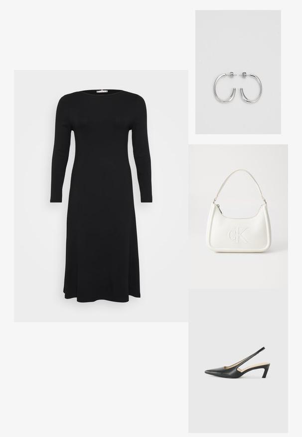 Čierne dlhé rukávy, rebrované šaty s okrúhlym výstrihom, splývavá silueta, vystavené na jednoduchom bielom pozadí.; Čierne slingback topánky s ostrou špičkou a nízkym opätkom, vyrobené z hladkej kože a s výrezmi na boku pre lepšiu priedušnosť.; Biela kožená kabelka s zakriveným tvarom, na prednej strane s embosovaným logom "CK" a jedným ramenným popruhom. Zipsové zapínanie navrchu.; Strieborné kruhové náušnice s hladkým a lesklým povrchom. Okrúhly tvar, ľahký dizajn, s uzáverom na kolík.