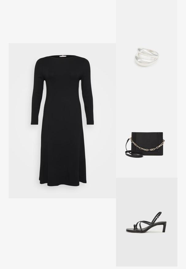 Melna, garām piedurknēm, ribota kleita ar apaļu izgriezumu un plūstošu siluetu, attēlota uz vienkārša balta fona.; Melnas strappy sandales ar kvadrātveida purngaliem un zemu bloku papēdi. Ievērojamas ar vairākiem plāniem siksniņām un regulējamu potītes siksniņu. Izgatavotas no gludas ādas.; Melna ādas crossbody soma ar gludu faktūru, taisnstūrveida formu un metalizētu ķēdes detaļu priekšā. Iekļauta regulējama siksna.; Sudraba divu joslu gredzens ar gludu, pulētu virsmu. Iezīmējas ar plūstošu, izliekta dizaina struktūru ar pārklājošām sekcijām modernam izskatam.