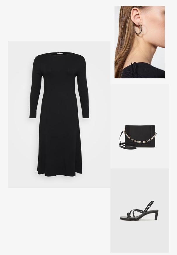 Fekete, hosszú ujjú, bordázottruha, kerek nyakkivágással és áramló szsilhuettel, egy sima fehér háttér előtt bemutatva.; Fekete pántos szandál négyzetes orral és alacsony blokk sarkal. Több vékony pánttal és állítható boka pánttal rendelkezik. Sima bőrből készült.; Fekete bőr keresztpántos táska, sima textúrával, téglalap alakú és fém lánc részlettel az elején. Állítható pánttal ellátva.; Ez egy ezüst fülbevaló, sima felülettel, amelyen apró arany díszítőelemek találhatók. Kerek formájú és a fülcimpán viselik.