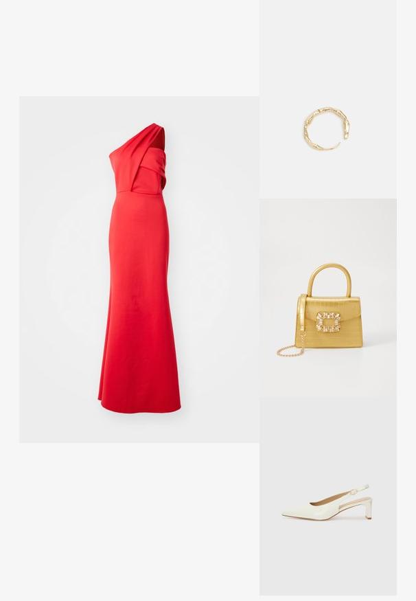 Rdeča obleka na eni rami, izdelana iz gladkega materiala z drapiranimi detajli na prsih in oprijetim silhueto, ki pada do tal.; Bele begaste usnjene slingback čevlje z ostrim nosom in nizkim blokastim peto. Imajo diskreten trak z zlatim podrobnostim s sponko.; Rumeno usnjeno-usnje z vzorcem krokodila, s strukturiranim dizajnom, zgornjo ročajem, snemljivo verižico in dekorativnim kristalnim okrasjem na zaponki.; Zlati prstan s organskim, zvitim dizajnom, gladko površino in taperiranimi konci, ki ustvarja modernega, skulpturalnega videza.