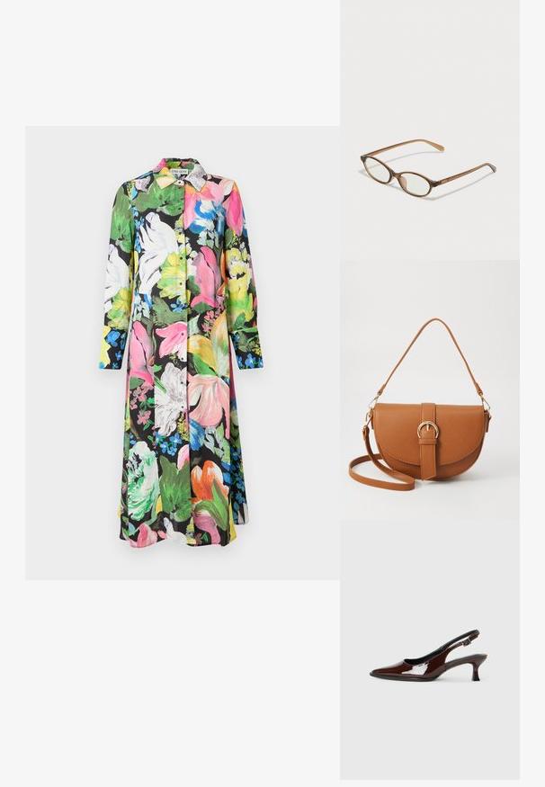 Vestido floral com fundo preto decorado com flores em rosa brilhante, verde, amarelo e branco, mangas longas e fecho frente com botões.; Sapato slingback em pele sintética castanha com bico pontiagudo e salto moderado. Apresenta uma fivela para um ajuste seguro. Textura suave.; Óculos tortoiseshell castanhos com lentes ovais, hastes finas e acabamentos transparentes. Apresenta um logótipo subtil na têmpora. Design elegante e leve.; Bolsa transversal de couro castanho com um formato curvado, ferragens douradas e um detalhe de fivela. Inclui uma alça de ombro destacável.
