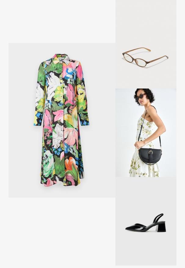 Abito floreale con sfondo nero, fiori rosa brillante, verdi, gialli e bianchi, maniche lunghe e chiusura anteriore con bottoni.; Décolleté in vernice nera con punta affusolata e tacco in geometria cubica. Presentano un design elegante e minimalista, con una texture liscia.; Occhiali tortoiseshell marroni con lenti ovali, aste sottili e dettagli trasparenti. Presentano un logo sottile sulla tempia. Design elegante e leggero.; Borsa a tracolla nera in pelle con una forma curva, manico rimovibile e accessori dorati. La borsa presenta una patta con un dettaglio a fibbia.