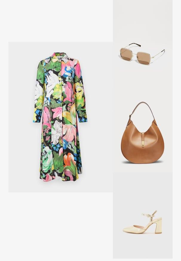 Robe fleurie avec un fond noir parsemé de fleurs roses vives, vertes, jaunes et blanches, manches longues et boutonnière devant.; Chaussure à talon métallique doré avec un bout pointu, une lanière de cheville dotée d'une boucle circulaire et un design de talon épais. Texture lisse.; Lunettes de soleil en métal doré avec une forme carrée, des verres teintés marron et de subtils accents verts et rouges sur la monture. Branches fines et élégantes.; Sac à main en cuir tan avec une forme courbée et une large bandoulière. Présente un accent en métal doré au centre et une texture lisse.