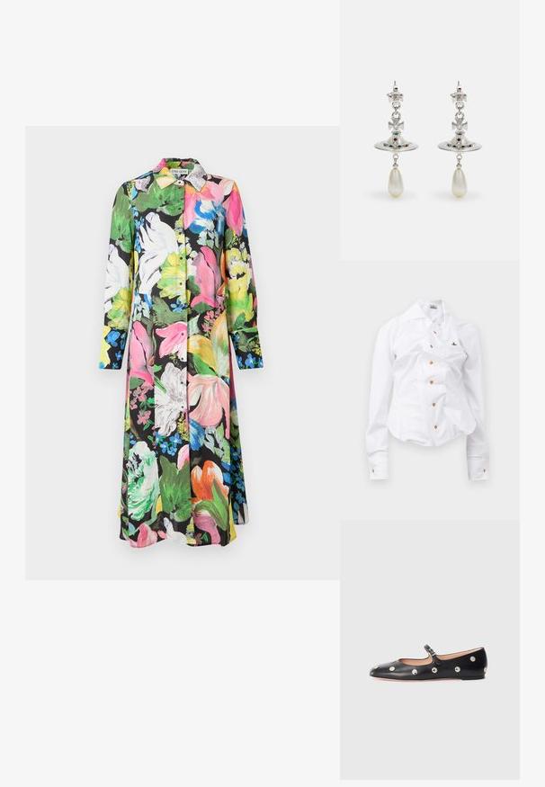 Robe fleurie avec un fond noir parsemé de fleurs roses vives, vertes, jaunes et blanches, manches longues et boutonnière devant.; Chemise blanche à manches longues au design ajusté. Dispose d'un grand col, d'une fermeture à boutons sur le devant avec des boutons marron, et d'un petit logo brodé.; Chaussure plate en cuir noir type Mary Jane avec un bout arrondi, ornée de clous ronds en argent et dotée d'une sangle réglable avec une boucle.; Boucles d'oreilles en argent avec un anneau circulaire, ornées de pierres étincelantes et d'un pendentif en forme de goutte de perle. Design distinctif avec des accents complexes.