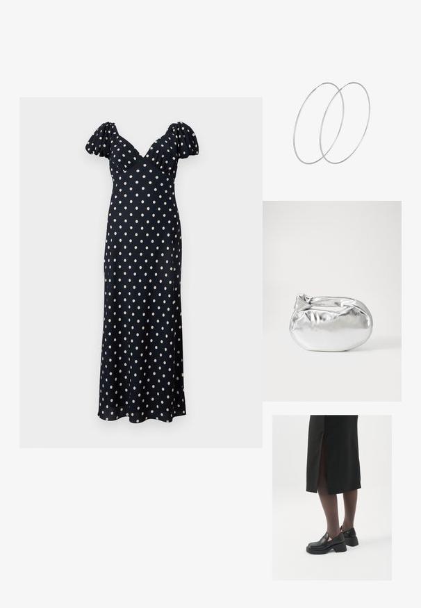 Abito blu navy con pois bianchi. Presenta maniche a palloncino e scollatura a V, realizzato in un tessuto liscio. Silhouette svasata fino alla lunghezza alla caviglia.; Scarpe in pelle nera con punta arrotondata, tacco spesso a blocco e accenti laterali in elastico, abbinate a collant scuri e una gonna nera con uno spacco.; Borsa a pochette metallica argentea con una forma morbida e arrotondata e chiusura superiore annodata. Realizzata in materiale sintetico morbido.; Orecchini a cerchio in argento con un design minimalista. Forma circolare, superficie liscia e profilo sottile. Leggeri con una finitura lucida.