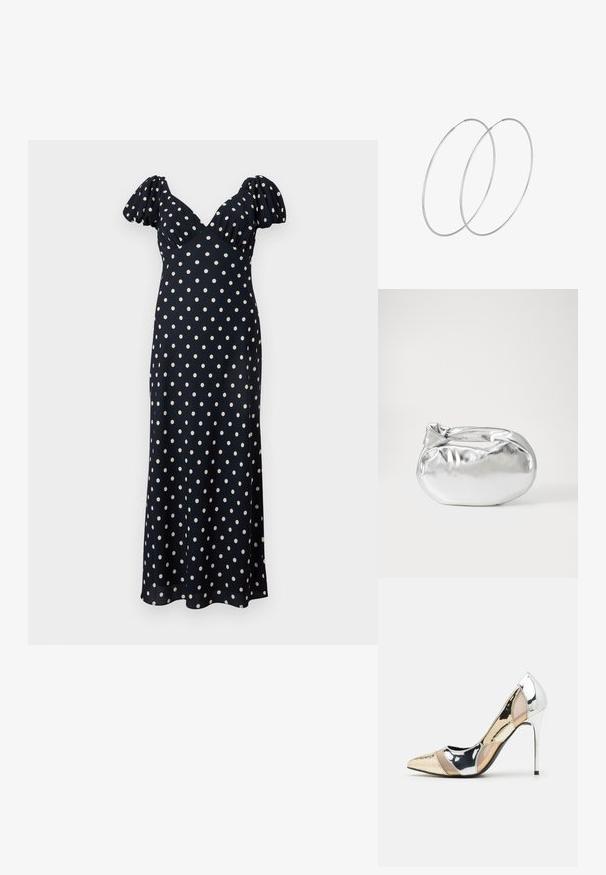 Laivasilmäinen mekko, jossa on valkoisia pilkkuja. Varustettu pussittavilla hihoilla ja V-kaula-aukolla, valmistettu sileästä kankaasta. Leveä siluetti nilkkapituuteen asti.; Korkokenkät, joissa on terävä kärki ja hopea, kultainen sekä nude-väriyhdistelmä. Kiiltävä pinta ja leikkausdesign, varustettuna stikettikorkealla.; Hopeapintainen metallinen pussilaukku, jolla on pehmeä, pyöreä muoto ja solmittava yläosa. Valmistettu sileästä tekonahkamateriaalista.; Hopehope hopeilla, joissa on minimalistinen muotoilu. Pyöreä muoto, sileä pinta ja ohut profiili. Kevyet ja kiillotetut.