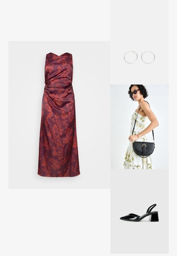 Rochie de satin bordeaux cu decolteu în V și design strâns, având un model floral în nuanțe de roșu pe față și o siluetă fluidă.; Pantofi cu toc slingback din piele lacuită neagră, cu vârf ascuțit și toc geometric. Prezintă un design elegant, minimalist și o textură netedă.; Geantă din piele neagră, cu o formă curbată, curea detașabilă și accesorii aurii. Geanta are un capac cu un detaliu tip cataramă.; Cercei din argint cu un design elegant și rotund, având o suprafață netedă și fără embellismente vizibile. Diametrul nu este specificat.