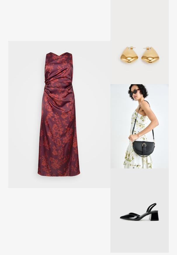 Burgundy satiini mekko v-kaula-aukolla ja kerätystä muotoilusta, jossa on punaisen sävyisiä kukkakuvioita edessä ja vauhdikkaasti laskeutuva siluetti.; Mustat patentoitu nahkakengät, joissa on säären takaosa ja terävä kärki, sekä geometrinen palikkakorko. Sisältää tyylikkään, minimalistisen muotoilun ja sileän pinnan.; Musta nahkainen käsilaukku, joka on kaareva muotoilultaan, irrotettavalla hihnalla ja kultaisilla yksityiskohdilla. Laukussa on läppä, jossa on solk yksityiskohta.; Kultaiset metallikorvakorut, joissa on sileä, pyöreä kolmion muoto ja postitaustasuunnittelu; heijastava pinta, jossa on minimaalinen yksityiskohtien määrä.