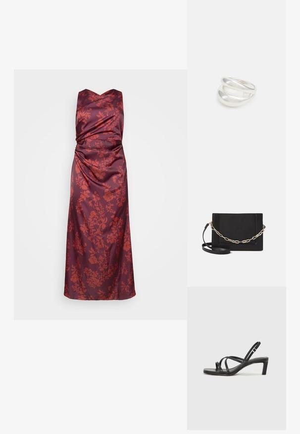 Burgundi värvi satiinkleit v-kaelusega ja kogutud disainiga, mille esipinnal on punastes toonides lillemuster ja voogav siluett.; Mustast rihmajalatsid ruudukujulise varba ja madala ploki kontsaga. Omab mitmeid õhukesi rihmasid ja reguleeritavat pahkluu rihma. Valmistatud siledast nahast.; Mustast nahast õlakott, mis omab siledat tekstuuri, ristküliku kuju ning esiküljel metallketi detaili. Reguleeritav rihm on kaasas.; Hõbedane kahekordne rõngas sujuva, poleeritud pinnaga. Omab voolavat, kõverat disaini, millel on kattuvad sektsioonid, et saavutada kaasaegne ilme.