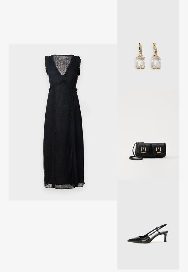 Vestido maxi negro con un escote en V profundo, mangas cortas con volantes, tela texturizada y una silueta fluida, que presenta líneas verticales y aberturas laterales.; Tacón slingback negro de charol con punta afilada, que presenta un estampado de serpiente texturizado, correa ajustable y un tacón bloque corto y texturizado.; Bolso cruzado de cuero negro con dos bolsillos frontales, hebillas doradas, cierre de cremallera y una correa delgada. Superficie texturizada y forma rectangular compacta.; Pendientes en tono dorado con un cristal rectangular y transparente que cuelga por debajo de una fila de pequeños acentos redondos y claros. Diseño elegante y moderno.