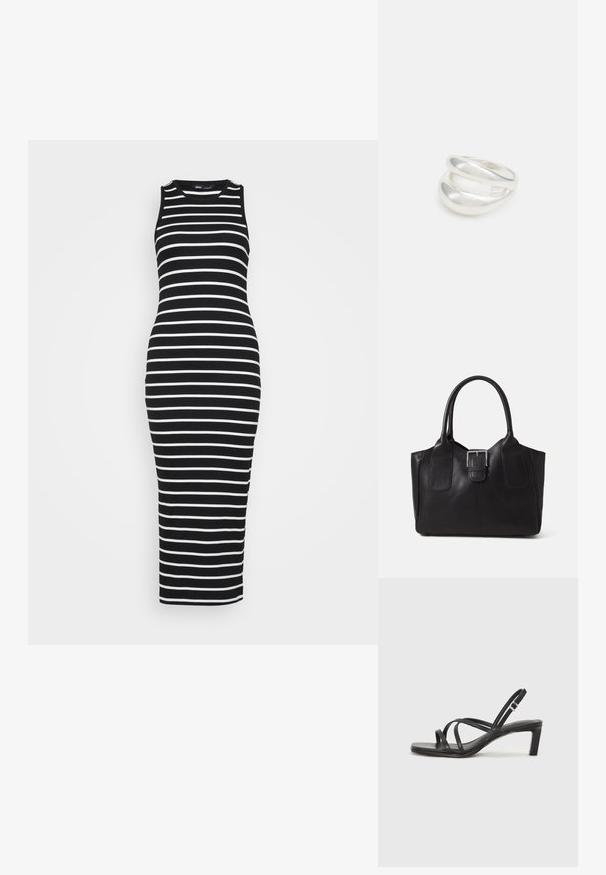Stribet sort-hvid ærmeløs midi-kjole lavet af ribbet materiale, der har en tætsiddende silhuet og rund halsudskærm.; Sort remsandale med firkantet tå og en lav blokeret hæl. Har flere tynde stropper og en justerbar ankelrem. Fremstillet af glat læder.; Sort læder tote taske med glat tekstur, struktureret form, to håndtag og en fremtrædende sølvspænde detalje på forsiden.; Sølvring med dobbeltbånd og en glat, poleret overflade. Den har et flydende, buet design med overlappende sektioner for et moderne udtryk.