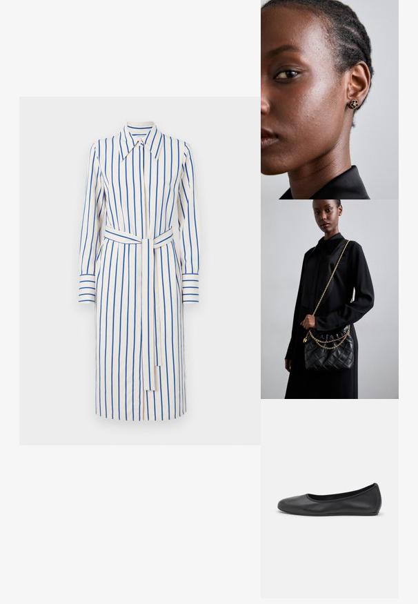 Tiger of Sweden LEONNE - Blusenkleid - buttercream; Schwarze Leder-Ballettschuhe mit abgerundeter Spitze, glatter Textur, minimalen Nähdetails und einem flexiblen Sohlen-Design.; Schwarze gesteppte Ledertasche mit einem gerafften oberen Teil, goldfarbener Kettenriemen und rechteckiger Form, vor einem schlichten Hintergrund gehalten.; Die goldenen Blumensteckerohrringe haben ein strukturiertes schwarzes Zentrum und zarte Verzierungen. Die klare Haut und die geflochtenen Haare des Modells sind profilseitig sichtbar.