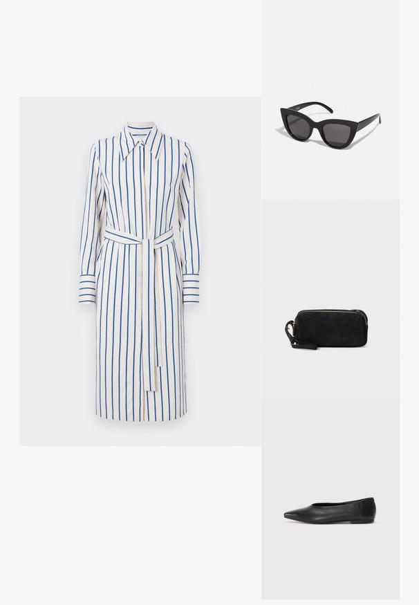 Tiger of Sweden LEONNE - Marškininė suknelė - buttercream; Juodas odinis baleto batas, su smailiu pirštu, minimalistinio dizaino, lygiu paviršiumi, žemo profilio kulnu, be matomos aparatūros ar papuošimų.; Juodos katės akies akinių nuo saulės su matinio paviršiaus danga, turinčiais pilkai tonuotus lęšius, aštriomis linijomis ir elegantiškomis šoninėmis kojelėmis. Prekės ženklas matomas vidinėje kojelėje.; Juodas zomšos sankabos krepšys su užtrauktuku ir nuimamu riešo dirželiu. Krepšys turi auksinės spalvos detales ir lygią, matinę tekstūrą.