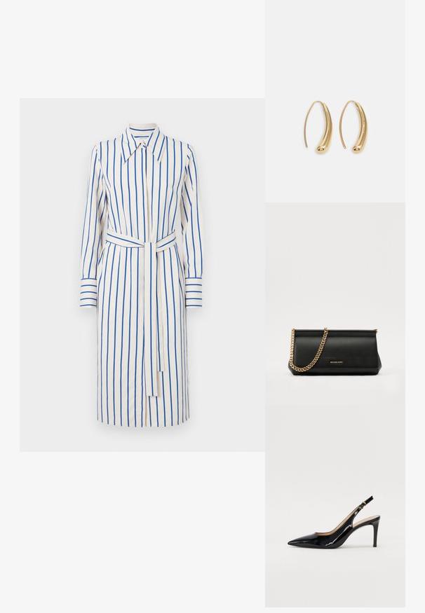 Tiger of Sweden LEONNE - Blousejurk - buttercream; Zwarte gepatineerde leren slingback pump met een puntige neus, slanke hak en een subtiel uitgesneden ontwerp. Bevat een gouden gesp op de band.; Zwarte leren clutch tas met een gouden kettinghengsel, voorzien van een gladde textuur, rechthoekige vorm en reliëfmerk op de voorkant.; Gouden metalen oorbellen in de vorm van een gebogen, verlengde hoop. Kenmerkend zijn het gladde, glanzende oppervlak en de afgeronde punt voor extra detail.