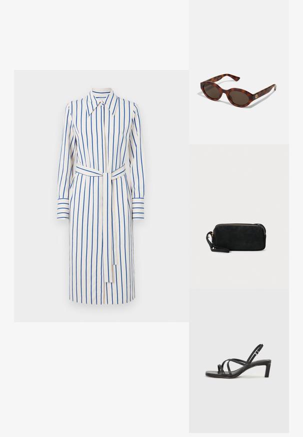 Tiger of Sweden LEONNE - Blusenkleid - buttercream; Schwarze Sandale mit Riemchen, quadratischer Zehenform und niedrigem Blockabsatz. Verfügt über mehrere dünne Riemen und einen verstellbaren Knöchelriemen. Hergestellt aus glattem Leder.; Schildpatt-Sonnenbrillen mit runden Rahmen, dunklen Gläsern und goldfarbener Logodetailierung an den Schläfen. Glattes Kunststoffmaterial, keine sichtbaren Muster.; Schwarze Wildleder-Clutch mit einem Reißverschluss und abnehmbarem Handgelenkband. Verfügt über goldfarbene Hardware und eine glatte, matte Oberfläche.