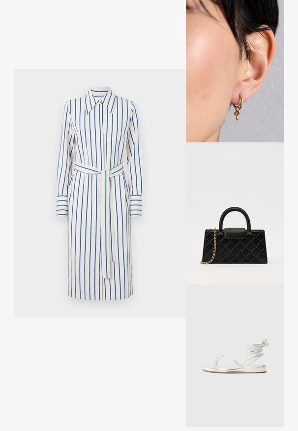 Tiger of Sweden LEONNE - Tričkové šaty - buttercream; Strieborné metalické sandále s dizajnom medzi prstami, s remienkom okolo členka a plochou podrážkou s textúrovaným povrchom.; Čierna kabelka vyrobená z textúrovanej kože, s diamantovým vzorom, zlatohnedým reťazovým popruhom a hornou rukoväťou s klopou so zlateným logom.; Zlatý kruhový náušnica s organickým, plynulým dizajnom, ktorý má textúrované akcenty a hladký povrch, nosená na prepichnutom uchu.