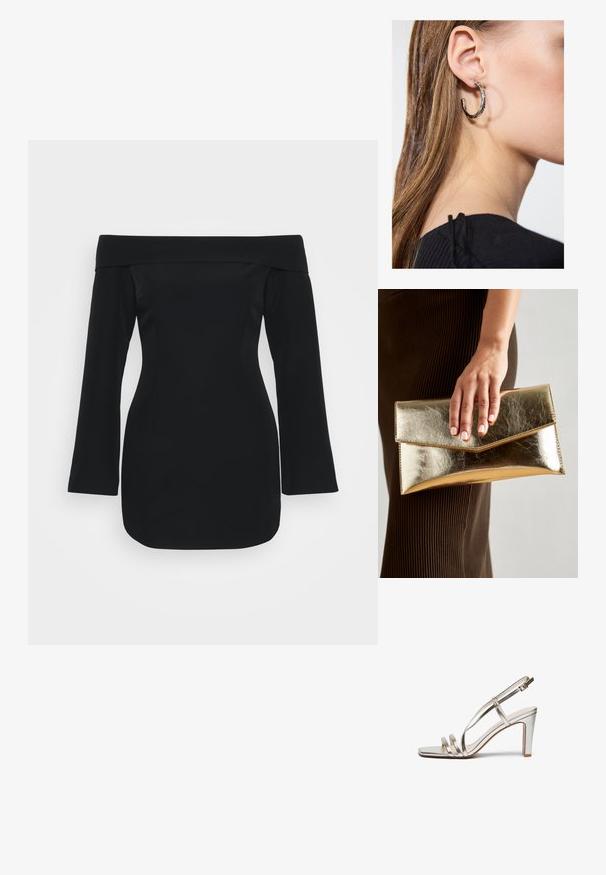 Svart avlang kjole med bar skulder, lange ermer, strukturert liv og tettsittende silhuett. Laget av glatt stoff uten synlige mønstre.; Metallisk sølv høye hæler sandal med åpen tå, med tre tynne stropper over foten og en ankelstropp med spenne.; Gull metallisk clutch-veske med en glatt tekstur, som har en trekantet klaffelukking. Hånden som holder den har pent manikyrte negler.; Sølv ringøredob med en polert finish, med små gull detaljer og en rund form, båret på øreflippen.