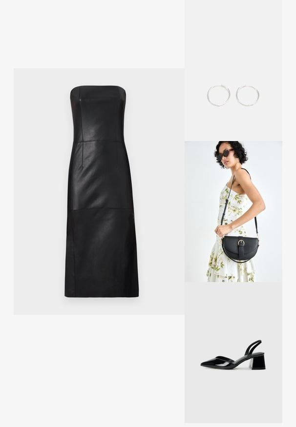 Maje REATHER - Kokteilinė suknelė / vakarėlių suknelė - noir; Juodos lakuotos odinės šlepetės su smailiu pirštu ir geometriniu bloko kulnu. Turi elegantišką, minimalistinį dizainą ir lygų paviršių.; Juodas odinis krepšys su išlenkta forma, nuimamu dirželiu ir auksiniais detalėmis. Krepšys turi kilpą su sagtimi.; Sidabrinės auskarai žiedai su sėslia, apvalia forma, pasižymintys lygia paviršiumi ir be matomų puošmenų. Svoris nenurodytas.