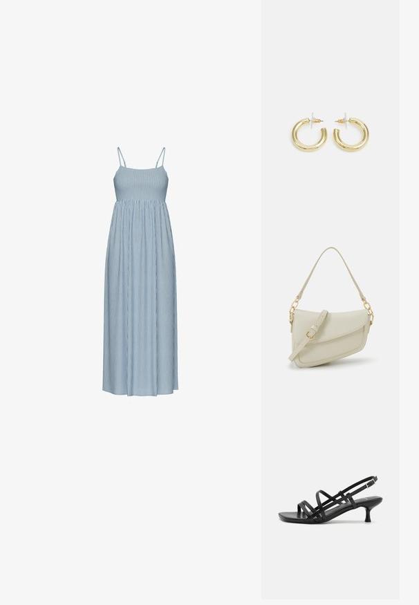 Modrá a bílá pruhovaná maxi šaty s tenkými nastavitelnými ramínky, přiléhavým korzetem a nařaseným pasem, sahající do plné, splývavé sukně.; Černé sandály na podpatku s několika křížovými pásky. Hladký materiál, špičatá špička a úzký podpatek. Nastavitelný pásek kolem kotníku s přezkou.; Malá krémová kabelka s texturovaným povrchem, dlouhým nastavitelným popruhem, řetízkovým akcentem a klopou. Ozdobné detaily zlaté barvy.; Zlaté kruhové náušnice s hladkým, lesklým povrchem. Kruhový design s malým kolíčkem a průhledným záznamem pro bezpečné nošení.