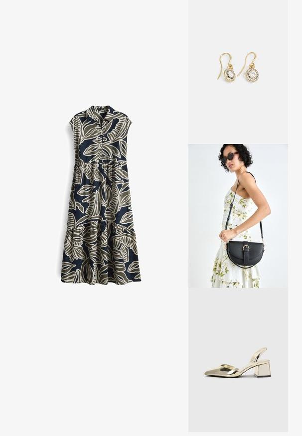 Granatowa sukienka z krótkimi rękawami, z przodem zapinanym na guziki oraz dużymi jasnobeżowymi wzorami liści. Sukienka ma warstwowy, marszczony dół.; Złote, metaliczne szpilki z boku z wydłużonym noskiem i grubym obcasem. Gładka faktura, minimalistyczny design i wąski pasek.; Czarna skórzana torebka o zakrzywionym kształcie, z odpinanym paskiem i złotymi akcentami. Torebka posiada klapę z zapięciem w kształcie klamry.; Złote kolczyki z owalnymi przezroczystymi kryształami otoczonymi mniejszymi przezroczystymi kamieniami, z zapięciem w formie haka zapewniającym bezpieczne noszenie.