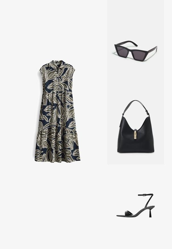 Marineblaues Kleid mit kurzen Ärmeln, das eine durchgehende Knopfleiste und große hellbeige Blättermuster aufweist, mit einem gestuften, gerafften Rock.; Bershka High Heel Sandalette - black; Schwarze, eckige Sonnenbrille mit grauen Gläsern; aus Kunststoff gefertigt, mit dicken Bügeln, die eine glatte Oberfläche und keine sichtbaren Beschläge haben.; Schwarze Lederhandtasche mit runder, konturiertem Design, ausgestattet mit einem Verschluss aus goldfarbenem Metall und einem einzelnen verstellbaren Trageriemen. Glatte Oberfläche.