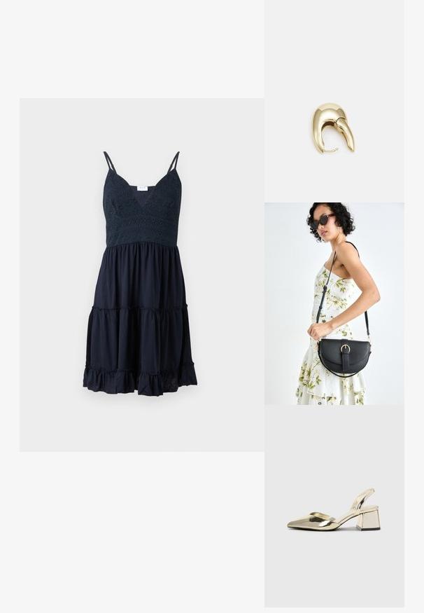 Tumši zila kleita ar mežģīņu augšdaļu, plāniem siksniņām un vairāku līmeņu svārkiem ar viļņotiem malām. Mīksta auduma, brīva piegriezuma.; Zeltaini, metāla kurpes ar siksniņām, norakans purngalis un masīla papēdis. Gluda tekstūra, minimālisma dizains un šaura siksna.; Melnas ādas rokassoma ar izliekta formu, noņemamu siksnu un zelta aksesuāriem. Somai ir vāciņš ar sprādzes detaļu.; Zeltīti metāla auskari ar gludu, izliekta dizaina. Ar atšķirīgu smailu formu, pulētu virsmu un eņģu aizdari.