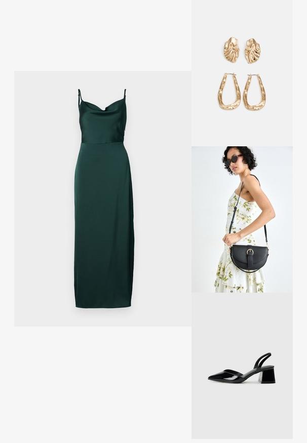 Vestido de cetim verde escuro com decote em cowl, alças finas e uma fenda lateral para uma silhueta elegante. Design longo e fluido.; Sandy em verniz preto com salto slingback, ponta afilada e salto geométrico. Apresenta um design elegante e minimalista com textura suave.; Bolsa de couro preta com forma curva, alça destacável e detalhes em dourado. A bolsa possui uma aba com detalhe de fivela.; Brincos em tom de ouro com formas onduladas e texturizadas. Inclui studs escultóricos com presilha e um design de argola aberta com um acabamento martelado.