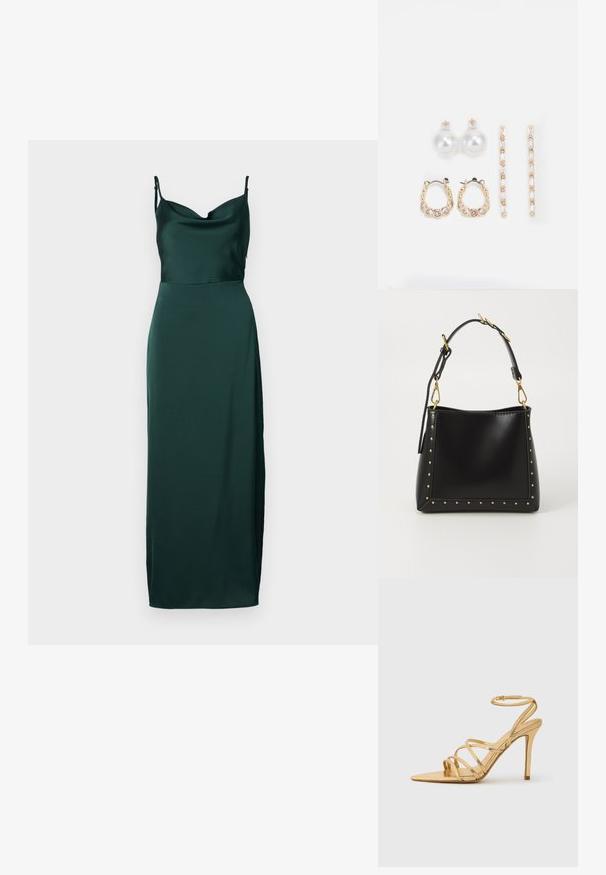 Sötétzöld selyemruha, cowl nyakkivágással, vékony pántokkal és oldalsó hasítékkal a karcsú sziluett érdekében. Hosszú, lágy vonalvezetés.; Arany szíjakkal ellátott, magas sarkú szandál hegyes orral, fényes felülettel, vékony bokapánttal és textúrázott sarokkal. Elegáns design, minimalista díszítéssel.; Fekete bőrtáska jól definiált formával, arany szegecsekkel a széleken és levehető pánttal, arany kiegészítőkkel.; Három fülbevalópár: nagy fehér gyöngy fülbevalók, arany karika fülbevalók, tiszta drágakövekkel, és két hosszú, egyenes arany akcentus fülbevaló csillogó részletekkel.
