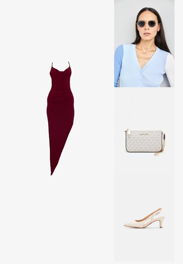 Burgundia sobiv kleit spagetti rihmadega, külgisegamis ja vöökohtade väänamise detailidega, valmistatud venivast kangast.; Valge slingback konts, terava ninaga, siledast ülemisest materjalist, madala ploki kontsaga ja külgse nähtavusega ning reguleeritava pandla rihmaga.; Ringikujulised prillid tumedate läätsede ja kullast raamiga. Mudel on selga pannud helesinise soonikuga kardigani, millel on nupud ja kontrastsed valged varrukad.; Michael Korsi randmevõru beige kaetud kangast, millel on korduv MK logo muster, kuldne riistvara ja eemaldatav ahelistrap.