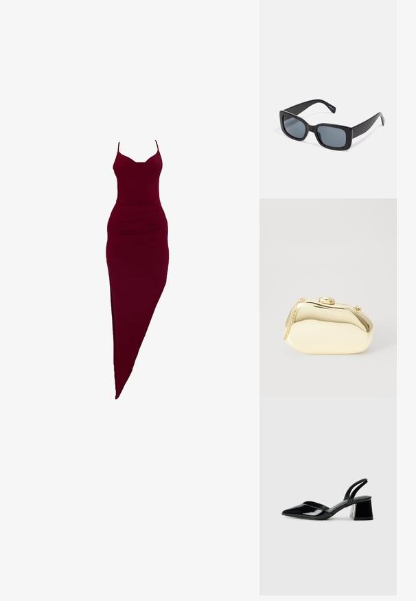 Vestido ajustado de cor burgundy com alças finas, apresentando uma fenda lateral e detalhes franzidos na cintura, feito de tecido elástico.; Sandy em verniz preto com salto slingback, ponta afilada e salto geométrico. Apresenta um design elegante e minimalista com textura suave.; Óculos de sol retangulares pretos com lentes escuras, armação de plástico espessa e hastes largas. Superfície lisa e design angular.; Clutch metálico dourado com uma forma suave e arredondada, apresentando um fecho de botão superior e uma pequena alça em corrente para transporte.