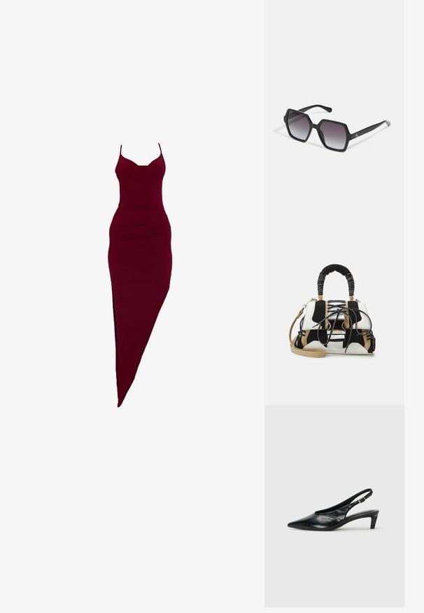 Burgundské přiléhavé šaty se špagetovými ramínky, s bočním rozparkem a nařasením v pase, vyrobené z elastického materiálu.; Černé kožené slingback podpatky s špičatou špičkou, nízkým podpatkem a nastavovací sponou. Hladký povrch s minimálním zdobením.; Černé hexagonální sluneční brýle se stupňovitou čočkou, s lesklým povrchem a jemným logem na spánku. Odolná plastová konstrukce.; Vícebarevná kabelka s černou, bílou a béžovou síťovinou. Obsahuje texturovanou rukojeť, design na šněrování a odnímatelný popruh přes rameno.
