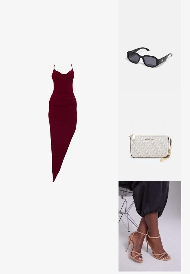 Burgundy fitted dress with spaghetti straps, featuring a side slit and ruched detailing at the waist, made of stretchy fabric.; Beige heeled sandals with crystal embellishments, featuring an open toe, thin straps, and a sleek silhouette.; Black sunglasses with an octagonal frame, dark lenses, glossy plastic material, and a silver logo accent on one side.; Michael Kors wristlet in beige coated canvas featuring a repeating MK logo pattern, gold hardware, and a detachable chain strap.; Gold metallic earrings with a wavy design; smooth, reflective surface; asymmetric shape; no visible patterns or hardware.