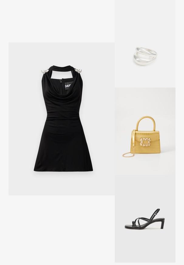 Melna kleita ar kakla izgriezumu, bez piedurknēm un sudraba dekoratīviem akcentiem uz pleciem. Aprīkota ar aizmugurējo rāvējslēdzēju. Gluda auduma.; Melnas strappy sandales ar kvadrātveida purngaliem un zemu bloku papēdi. Ievērojamas ar vairākiem plāniem siksniņām un regulējamu potītes siksniņu. Izgatavotas no gludas ādas.; Dzeltena mākslīgā krokodila roku soma ar strukturētu dizainu, augšējo rokturi, noņemamu ķēdes siksniņu un dekoratīvām kristāla rotājumiem aizdares daļā.; Sudraba divu joslu gredzens ar gludu, pulētu virsmu. Iezīmējas ar plūstošu, izliekta dizaina struktūru ar pārklājošām sekcijām modernam izskatam.