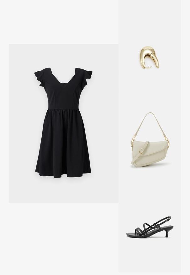 Sorte kjole med en tettsittende bodice og en utsvevende skjørt. Har korte volang-ermer og V-hals. Laget av glatt stoff.; Svarte hæl sandaler med flere krysset remmer. Glatt materiale, spiss tå og smal hæl. Justerbar ankelrem med spenne.; Liten kremfarget håndveske med teksturert overflate, lang justerbar stropp, kjedeakenter og klaffelukking. Detaljer i gullfarge.; Gullfarget metalløredobber med et elegant, buet design. Har en karakteristisk spiss form, polert overflate og hengsel-lukking.