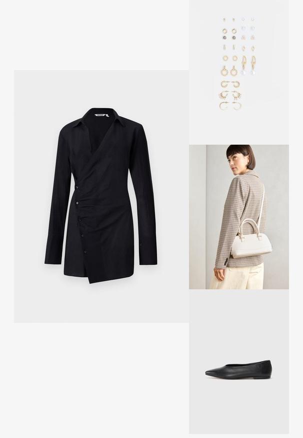 Cămașă neagră cu mânecă lungă dintr-un material ușor, cu un design înfășurat, nasturi frontali și guler ascuțit. Textură netedă cu un luciu subtil.; Balerini din piele neagră, vârf ascuțit, design minimalist, textură netedă, toc de mică înălțime, fără hardware sau embellishments vizibile.; Geantă structurată albă, cu mânere scurte și curea de umăr, având accente din metal aurit și material texturat, expusă pe un fundal gri.; Set de cercei aurii, cu diverse designuri, inclusiv cercei tip stud, cercei hoop și cercei lungi cu perle și strassuri.