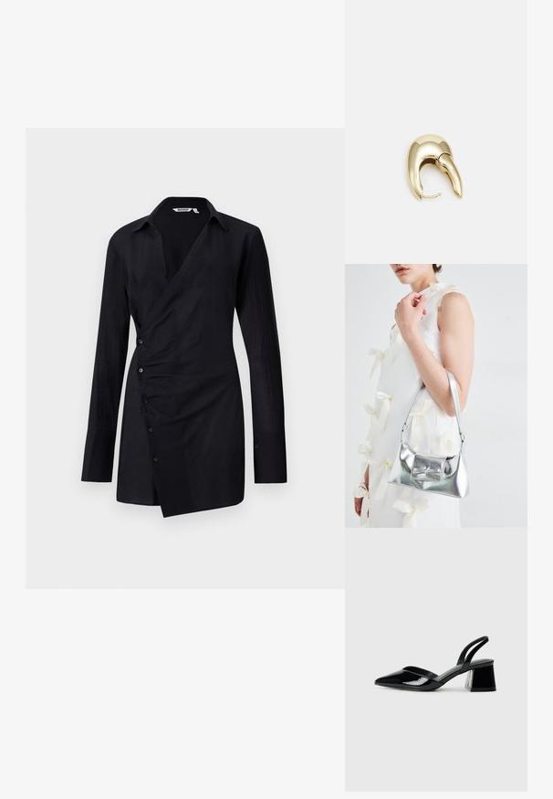 Fekete, hosszú ujjú, könnyű anyagból készült ing, melynek stílusa átlapolt, elöl gombokkal és hegyes gallérral rendelkezik. Sima textúra, enyhe fényességgel.; Fekete lakk bőr szandálkés magas sarkú cipő, hegyes orral és geometrikus tömbsarkakkal. Karcsú, minimalista dizájn és sima textúra jellemzi.; Ezüst fémes kézitáska, struktúrált formával, felső fogantyúval és masnis részlettel az elején. Simaságával és fényes felületével tűnik ki.; Aranyszínű fém fülbevaló, elegáns, ívelt formával. Különleges hegyes alak, fényes felszín és zsanéros záródás jellemzi.