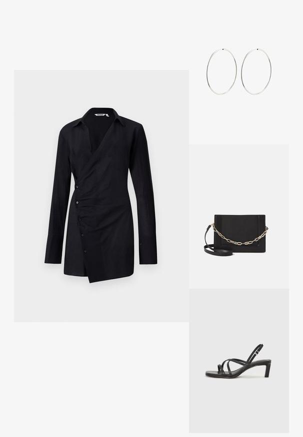 Juodas ilgomis rankovėmis marškinys iš lengvos medvilnės, su apykakle, priekyje mygtukais ir susukti dizainu. Lygus paviršius su subtiliu blizgesiu.; Juodi šlepetės su kvadratiniu pirštu ir žemu bloku kulnu. Yra keli ploni dirželiai ir reguliuojamas kulkšnies diržas. Pagaminti iš lygios odos.; Juodas odinis per petį nešiojamas krepšys turi lygų paviršių, stačiakampio formą ir metalinę grandinėlę priekyje. Pridedama reguliuojama dirželis.; Sidabriniai auskarai-žiedai su lygiu, apvaliu dizainu ir blizgiu paviršiumi. Jie yra ploni ir lengvi, turintys paprastą užsegimą.