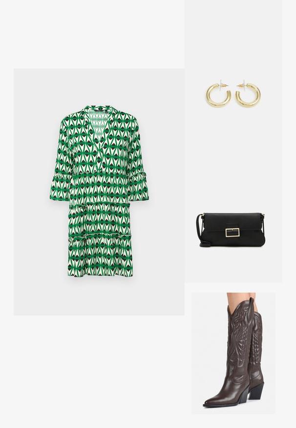 Zelené vzorované šaty s výstrihom do V, trojštvrťovými rukávmi, tiered volánmi a geometrickým listovým vzorom v rôznych odtieňoch zelenej a čiernej.; Hnedé kožené kovbojské topánky s špicatou špičkou a blokovým podrážkou, so zložitým prešívaním a vyvýšenými akcentmi na puzdre.; Čierna kožená clutch taška s klopou a zlatým kovovým detailom s prackou. Obsahuje čierny remienok a elegantný, minimalistický dizajn.; Zlaté kruhové náušnice s hladkým, lesklým povrchom. Cirkulárny dizajn s malým steblom a jasným záznamom pre bezpečné nosenie.