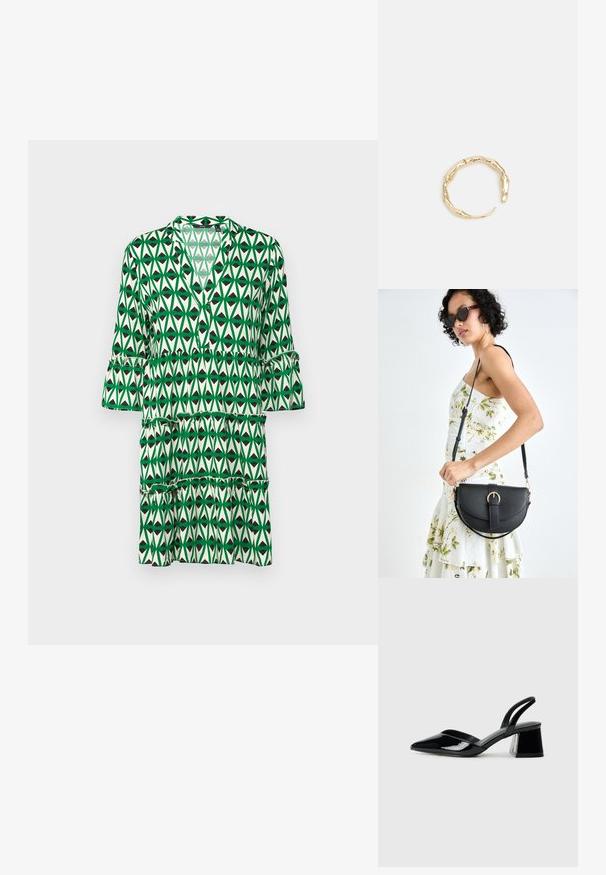 Zelena obleka s vzorcem z V-izrezom, srečnimi rokavi do tretjine, večplastnimi naborki in geometrskim listnatim vzorcem v različnih odtenkih zelene in črne.; Črne lakirane slingback pete s koničastim nosom in geometrijsko blokasto peto. Imajo eleganten, minimalističen dizajn in gladko teksturo.; Črna usnjena torbica s ukrivljeno obliko, z odstranljivo naramnico in zlatimi dodatki. Torbica ima pokrov s podrobnostmi v obliki zaponke.; Zlati prstan s organskim, zvitim dizajnom, gladko površino in taperiranimi konci, ki ustvarja modernega, skulpturalnega videza.
