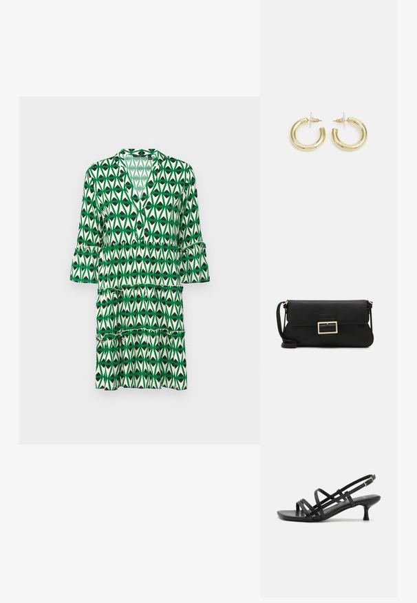 Zelené vzorované šaty s výstrihom do V, trojštvrťovými rukávmi, tiered volánmi a geometrickým listovým vzorom v rôznych odtieňoch zelenej a čiernej.; Čierne sandále na podpätku s viacerými prekríženými remienkami. Hladký materiál, špicatá špička a úzky podpätok. Nastaviteľný remienok okolo členka s prackou.; Čierna kožená clutch taška s klopou a zlatým kovovým detailom s prackou. Obsahuje čierny remienok a elegantný, minimalistický dizajn.; Zlaté kruhové náušnice s hladkým, lesklým povrchom. Cirkulárny dizajn s malým steblom a jasným záznamom pre bezpečné nosenie.