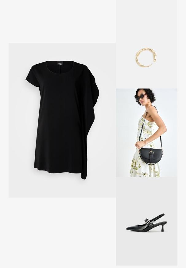 Crna haljina kratkih rukava, s okruglim izrezom, lepršavim dizajnom, mekanim materijalom, asimetričnim rubom i minimalističkim stilom.; Crne lakirane slingback potpetice s oštrim prstom i malom blok petom, s naglaskom na srebrnoj kopči na remenu.; Crna kožna torba s lukovitim oblikom, odvojivim remenom i zlatnim detaljima. Torba ima preklop s kopčom.; Prsten u zlatnoj nijansi s organskim, uvijenim dizajnom, glatkom teksturom i suženim krajevima, koji stvara moderan, skulpturalni izgled.
