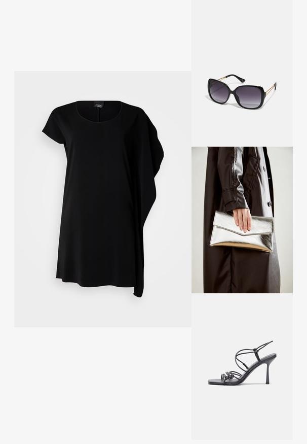 Musta lyhythihainen mekko, jossa on pyöreä pääntie, valuva malli, pehmeä kangas, epäsymmetrinen helma ja minimalistinen tyyli.; Mustat korkokengät sandaalit, joissa on ohuet hihnat solmittuna, sileä neliön muotoinen varvasosa ja tyylikäs stiletto-korko.; Mustat ylisuurten kehysten aurinkolasit, joissa on liukuväri-linssit, paksut kehykset ja kultasävyiset ketjustuskoristeet temppeleissä.; Hopeinen metallinen clutch-angular kirjekuorimuotoilu, sileä pinta ja kontrastivärinen sisustus, pidetään kädessä, jossa on musta takki.