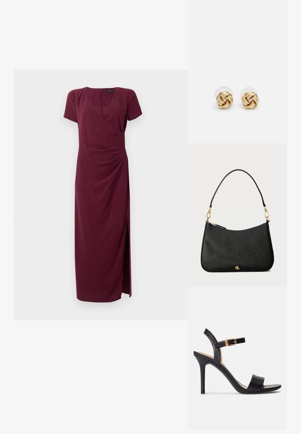 Bordo maksi obleka iz teksturiranega materiala, z ovijajočim dizajnom, kratkimi rokavi, sprednjim razporkom in zadrgo na hrbtu.; Črne sandale z visokimi petami, ki imajo gladek usnjen zgornji del, odprto točko in enostavni trak z zlatim zaponko.; Črna usnjena torbica s strukturiranim dizajnom, ki vključuje zadrgo, nastavljiv trak in zlate dodatke.; Klavirske uhani v zlatem tonu s zvitim dizajnom. Vsak uhán je opremljen s krožno prozorno podlago za zagotavljanje varne nošnje.