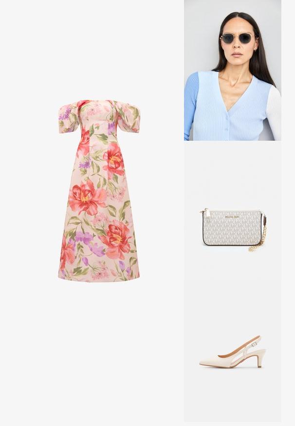 Pitkä, kukkakuosisekas mekko, jossa on suuria vaaleanpunaisia ja punaisia kukkia sekä vihreitä lehtiä. Olalta paljastava muotoilu ja puffihihat lisäävät romanttista ilmettä.; Valkoinen slingback-korkokenkä, jossa on terävä kärki, sileä päällismateriaali, matala lohkokorko ja sivuaukko-design säädettävällä soljella.; Pyöreät aurinkolasit, joissa on tummat linssit ja kultaiset kehykset. Mallilla on päällään vaaleansininen, ribatusta materiaalista valmistettu neuletakki, jossa on napit ja kontrastiväriset valkoiset hihat.; Michael Kors kääröbeige pinnoitettua kangasta, jossa on toistuva MK-logo -kuvio, kultaiset yksityiskohdat ja irrotettava ketjuhihna.