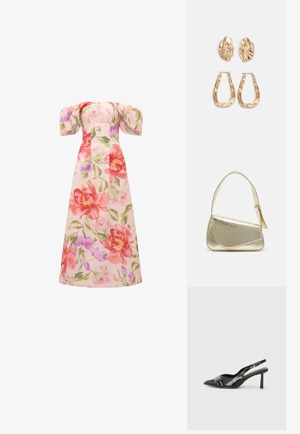 Hosszú, virágos ruha, nagy rózsaszín és vörös virágokkal, zöld levelekkel. Az off-shoulder fazon és a ballon ujjú kialakítás romantikus jelleget kölcsönöz.; Fekete lakk bőr, hegyes orrú slingback cipő, boka pántokkal, ezüst csatokkal és hardverelemekkel, valamint karcsú sarkú.; Arany fémes kézi táska, strukturált dizájnnal, sima felülettel és állítható pánttal. Egyedi háromszög alakú, minimalistának mondható varrásokkal rendelkezik.; Aranyszínű fülbevalók, texturált, hullámos formákkal. Tartalmazza a szobrászati klipszes studokat és az open hoop kialakítást, kalapácsos felülettel.