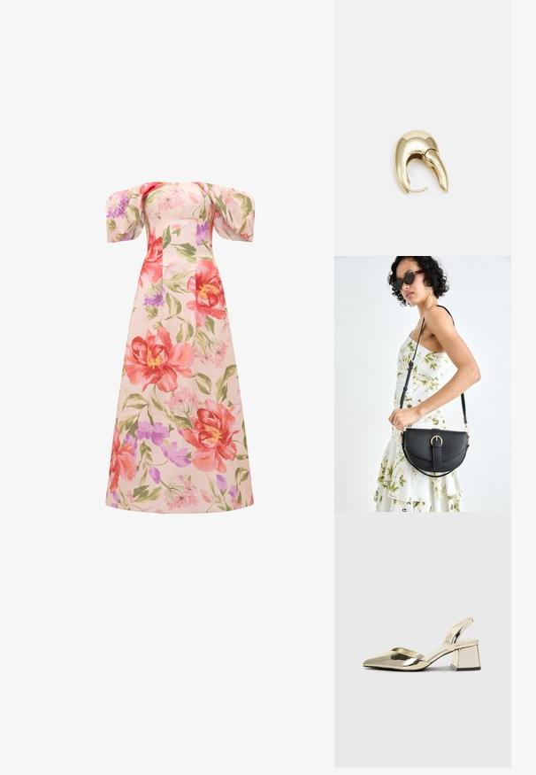 Lang, blomstrete kjole med store rosa og røde blomster med grønne blader. Den av- skulder-designen og ballongsjermene gir en romantisk touch.; Gull, metallisk slingback-hæler med spiss tå og chunky hæl. Glatt tekstur, minimalistisk design og en smal stropp.; Svart lærveske med en buet form, avtagbar stropp og gullbeslag. Vesken har et klaff med spenne-detall.; Gullfarget metalløredobber med et elegant, buet design. Har en karakteristisk spiss form, polert overflate og hengsel-lukking.